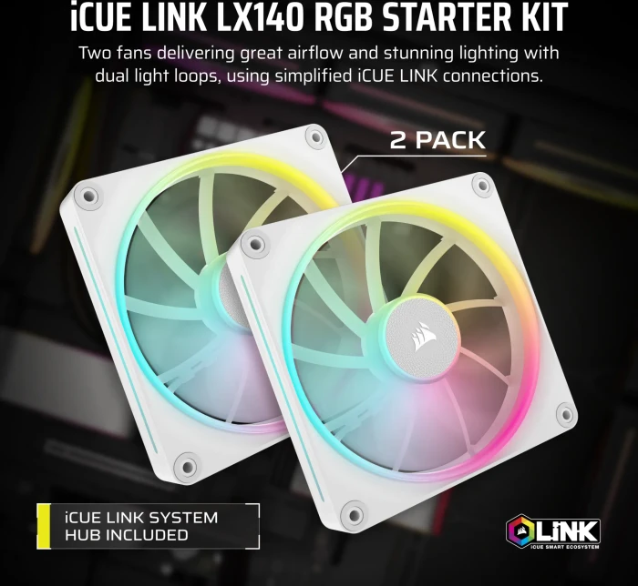 Corsair iCUE LX140 RGB Fan Starter Kit, weiß, LED-Steuerung, 140mm, 2er-Pack