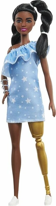 Mattel Barbie - Fashionistas Barbie mit Beinprothese 2 gedrehten Zoepfen und Kleid mit Sternenmuster