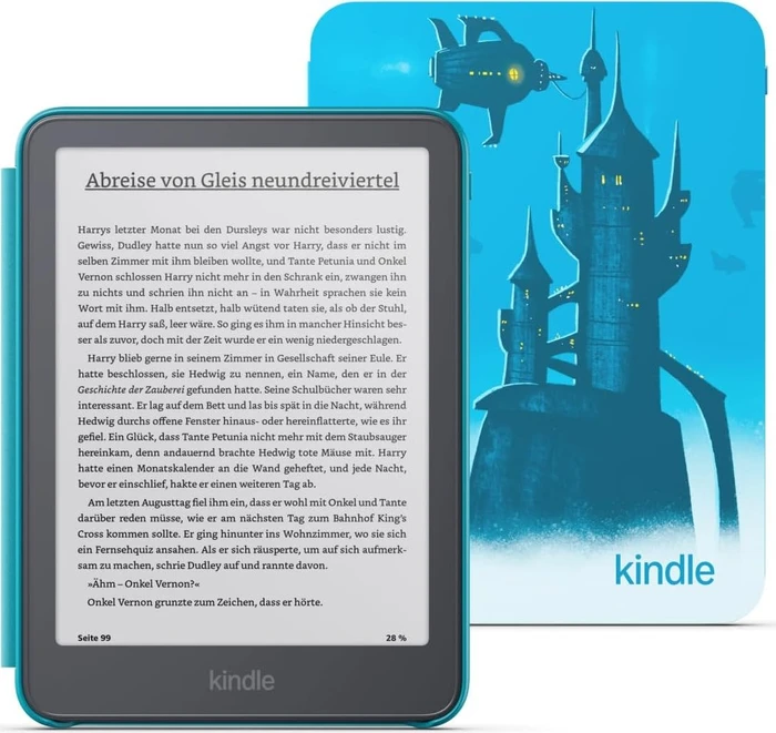 Amazon Kindle Paperwhite 13. Gen, 16GB Flash, ohne Werbung, Kids Edition, inkl. Hülle Türme in der Dämmerung [2026]