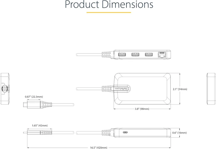 StarTech 3 Port USB-C Hub mit Ethernet, RJ-45, USB-C 3.0 [Stecker]