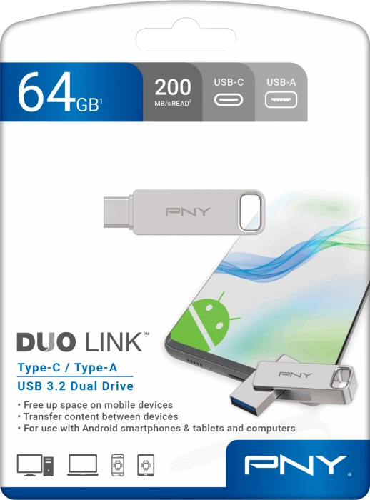 PNY Duo-Link Dual Flash Drive 64GB, USB-A + USB-C, USB 3.2 Gen 1×1