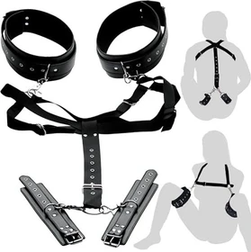 XR Brands Master Series Easy Access Thigh Harness with Wrist Cuffs-Set