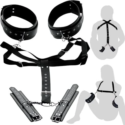 XR Brands Master Series Easy Access Thigh Harness with Wrist Cuffs-Set