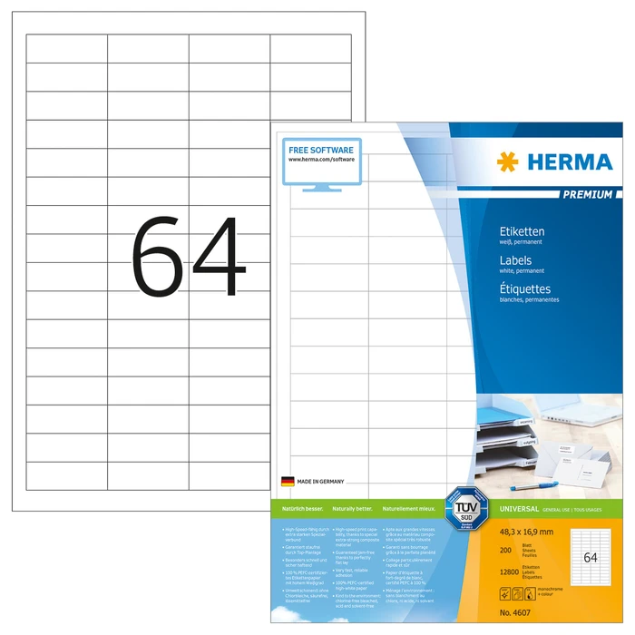 Herma Etiketten Premium, 48.3x16.9mm, weiß, matt, 200 Blatt (12800 Etiketten)