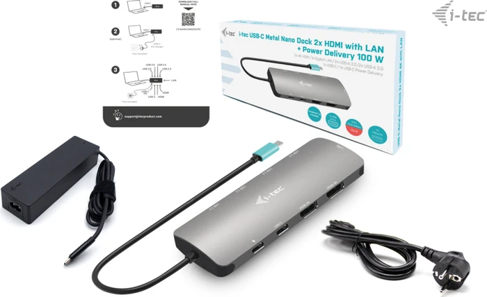 i-tec USB-C Metal Nano 2x Display Docking Station + Power Delivery 100W, inkl. Netzteil, USB-C 3.0 [Stecker]