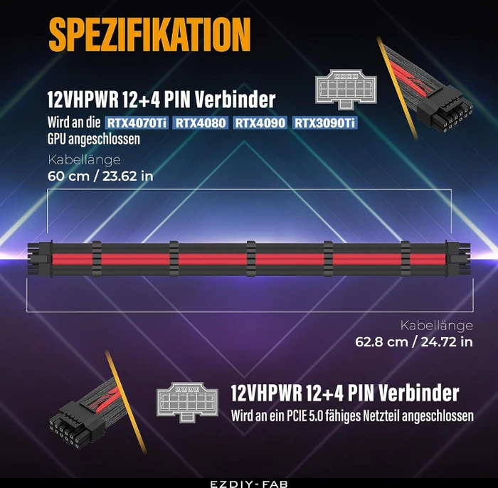EZDIY-FAB 12VHPWR Kabel, 16-Pin PCIe 5.0 12VHPWR Stecker auf 16-Pin PCIe 5.0 12VHPWR Stecker, 16AWG, schwarz/rot, 60cm