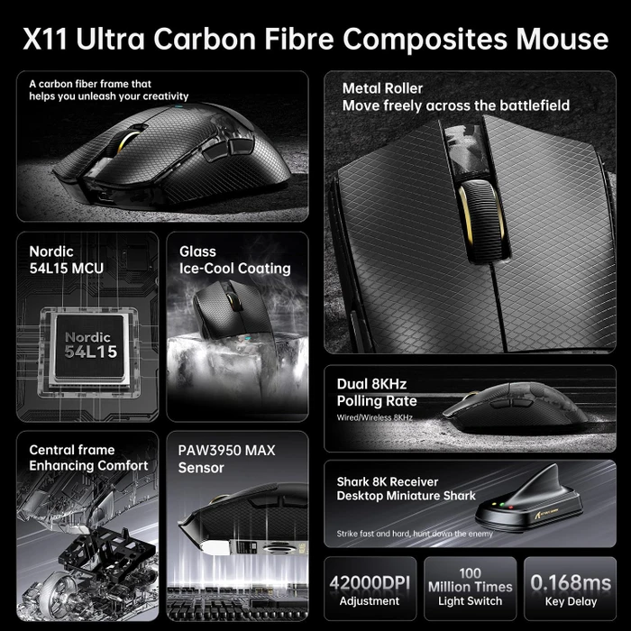 Attack Shark X11 Ultra Carbon Fiber 8KHz Wireless, Forged Black, inkl. Grip Tape, USB/Bluetooth