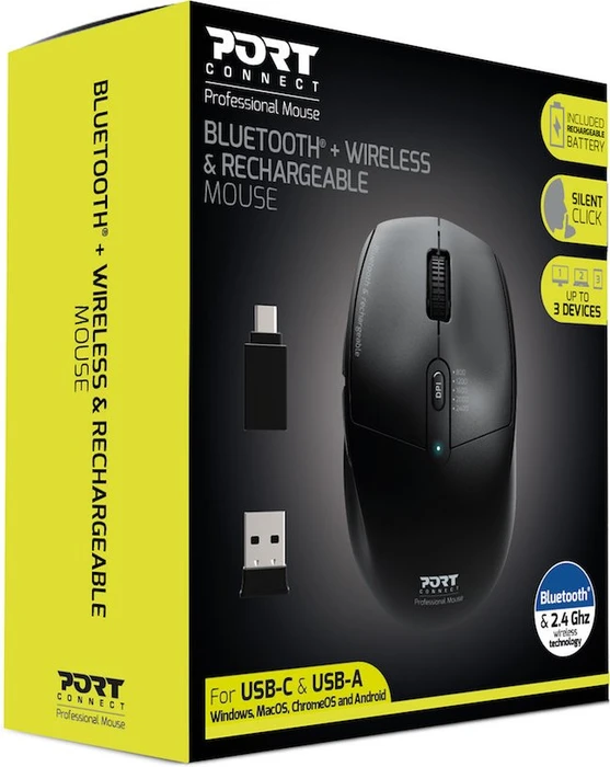 Port Designs Wireless Rechargeable Office Mouse, USB/Bluetooth