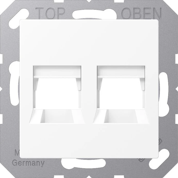 Jung Abdeckung (gerastet) für Modular-Jack-Steckbuchsen, 2fach, UMA-CAT6A, RADIALL, Panduit, Assmann, Thermoplast lackiert, Serie A, schneeweiß matt
