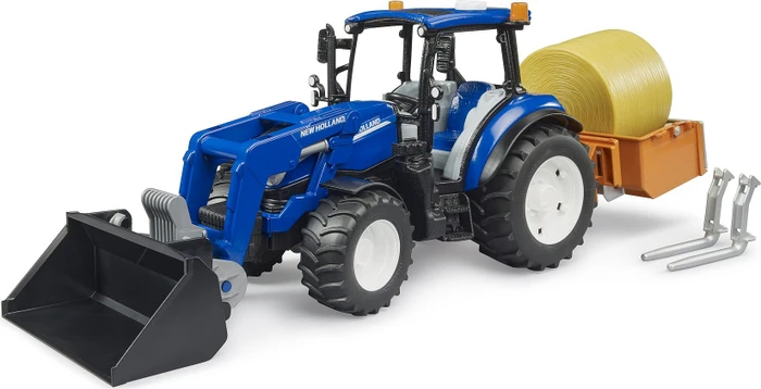 Bruder New Holland T5.120 mit Frontlader, Ladekasten, Gabeln und Rundballen