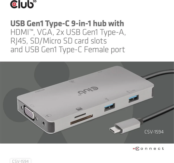 Club 3D 9-in-1 Hub, USB-C 3.0 [Stecker]