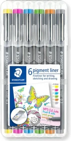 Staedtler Pigmentliner 308 0.3mm mit gelb sortiert, 6er-Set, Kunststoffetui