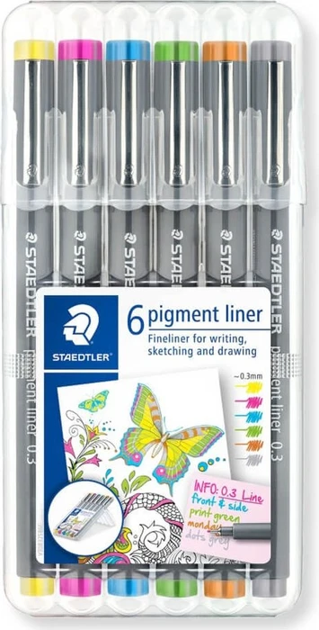 Staedtler Pigmentliner 308 0.3mm mit gelb sortiert, 6er-Set, Kunststoffetui
