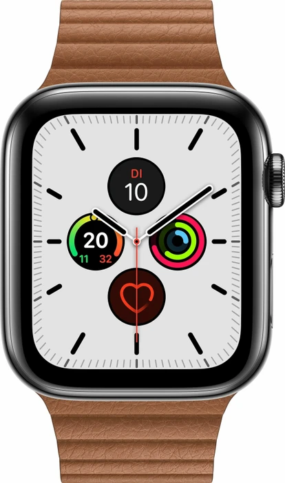 Apple Watch Series 5 (GPS + Cellular) 44mm Edelstahl space schwarz mit Lederarmband mit Schlaufe sattelbraun