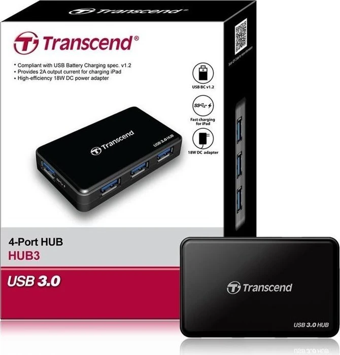 Transcend HUB3 USB-Hub, 4x USB-A 3.0, USB 3.0 Micro-B [Buchse]