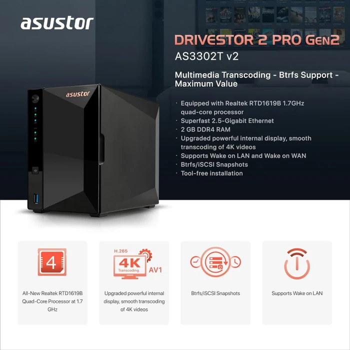 Asustor Drivestor 2 Pro Gen2 AS3302T 8TB, 2GB RAM, 1x RJ-45 2.5GBase-T, 3x USB-A 3.0