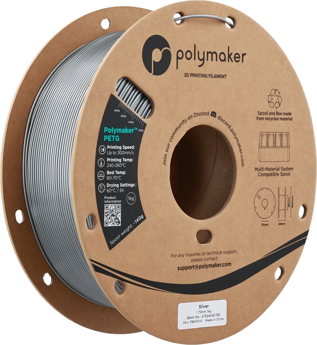 Polymaker PolyLite PETG, silber, Spule, 1.75mm, 1.00kg