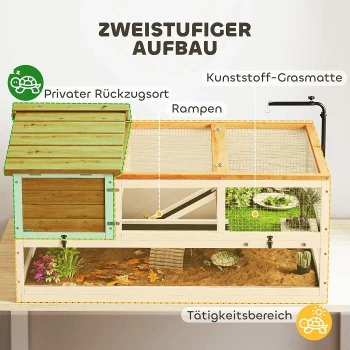 PawHut Schildkrötenhaus Schildkrötenhaus, 2-Ebenen-Gehege, Lampenhalter, weiß/braun