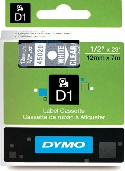 Dymo D1 Beschriftungsband, 12mm, weiß/transparent