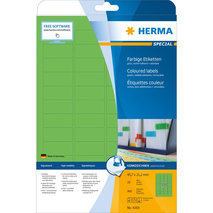 Herma Etiketten, 105x42.3mm, ablösbar, grün, 20 Blatt (960 Etiketten)