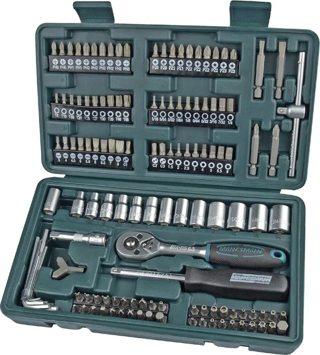 Mannesmann M29166 Bitset/Steckschlüsselsatz inkl. Werkzeugbox, 130-tlg.