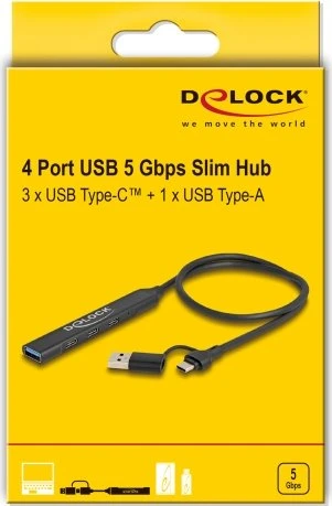 DeLOCK 4-Port Slim USB-Hub, 3x USB-C 3.0, 1x USB-A 3.0, USB-A/USB-C 3.0 [Stecker]