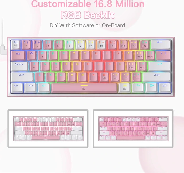 Redragon K617 Fizz, 60%, rosa/weiß, LEDs RGB, hot-swap, Outemu Red, USB, US