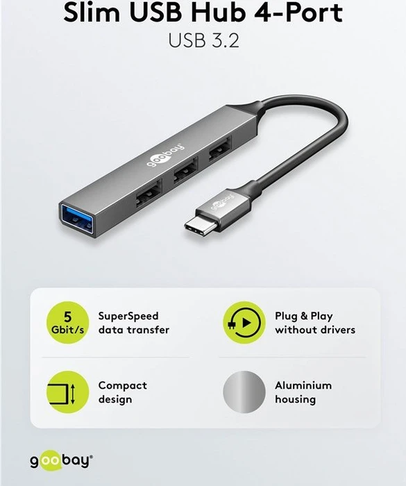 Wentronic goobay Slim 4-Port USB-Hub, 1x USB-A 3.0/3x USB-A 2.0, USB-C 3.0 [Stecker]