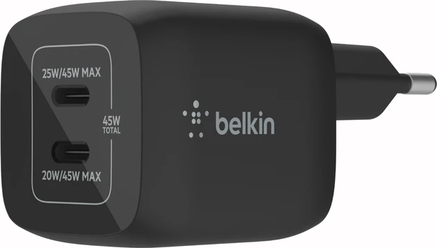 Belkin BoostCharge Pro USB-C-GaN-Ladegerät mit zwei Anschlüssen und PPS (45W) schwarz