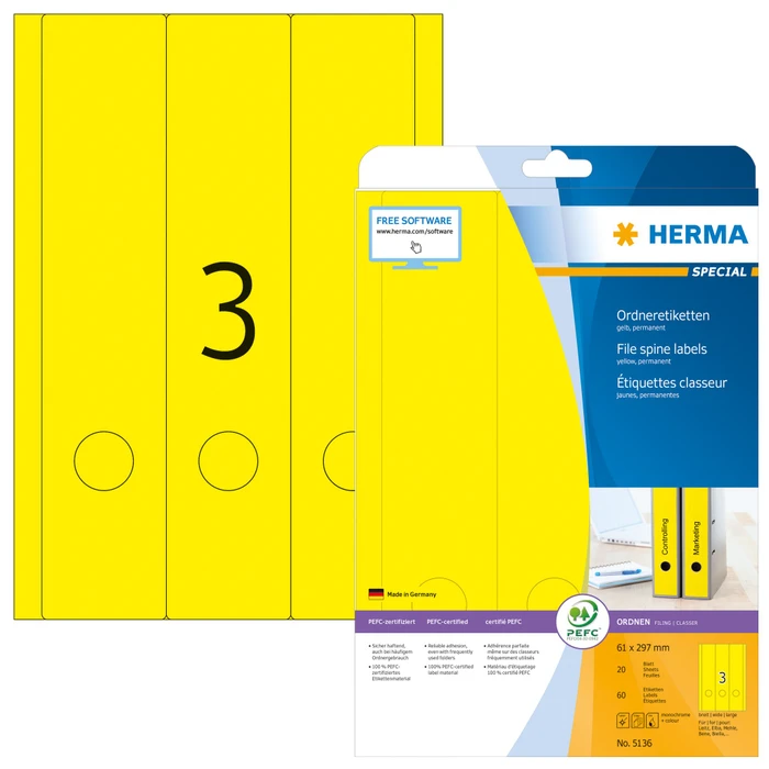 Herma Ordneretiketten, 61x297mm, gelb, 20 Blatt (60 Etiketten)