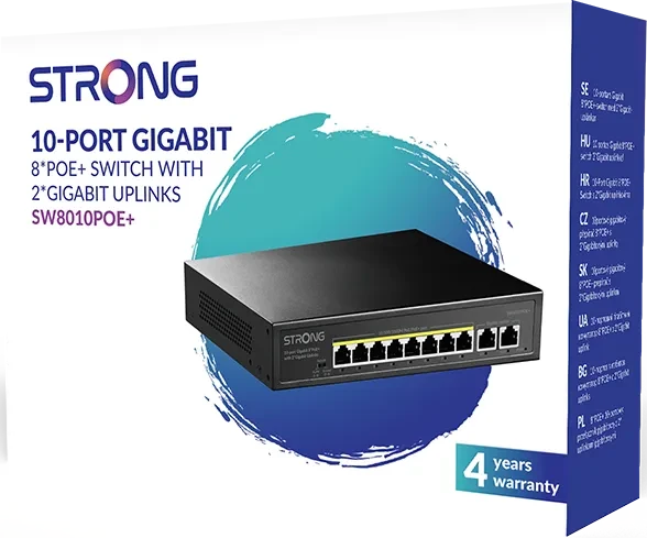 Strong Desktop Gigabit Switch, 10x RJ-45, 100W PoE+