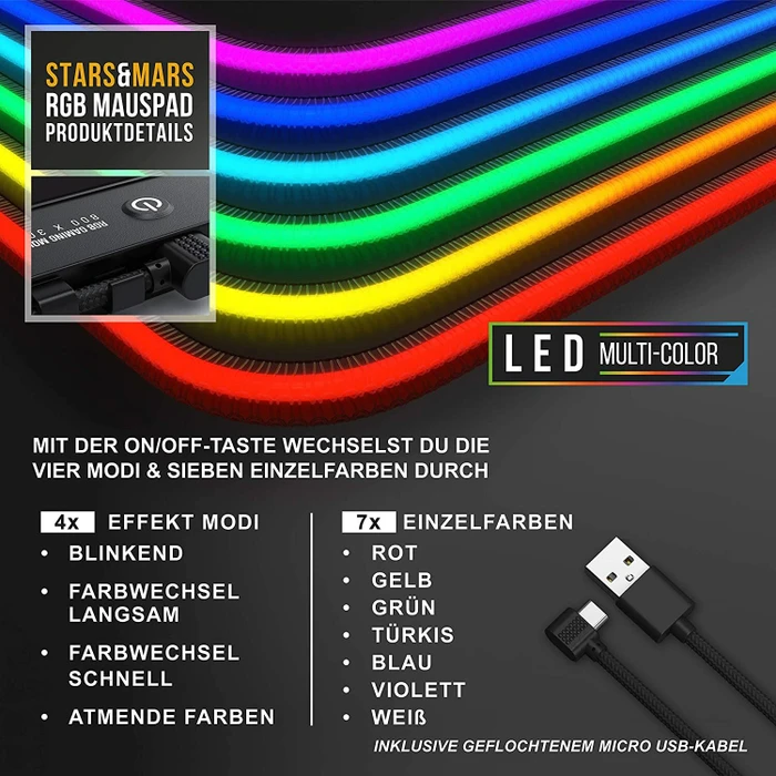 Titanwolf Stars & Mars RGB XXL Gaming-Mauspad, 800x300mm, schwarz/blau/gelb