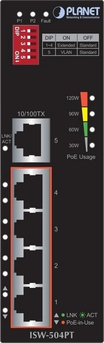 Planet ISW-504PT Industrial Railmount Switch, 5x RJ-45, 120W PoE+