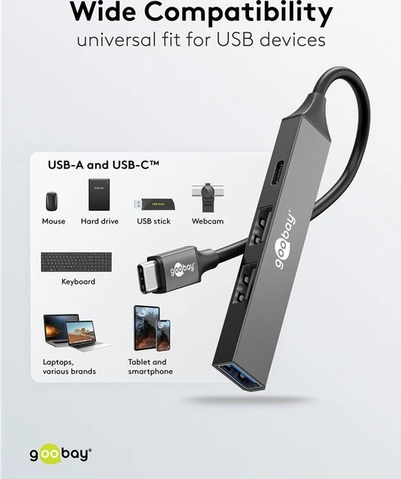 Wentronic goobay Slim 4-Port USB-Hub,1x USB-A 3.0/1x USB-C 2.0/2x USB-A 2.0, USB-C 3.0 [Stecker]