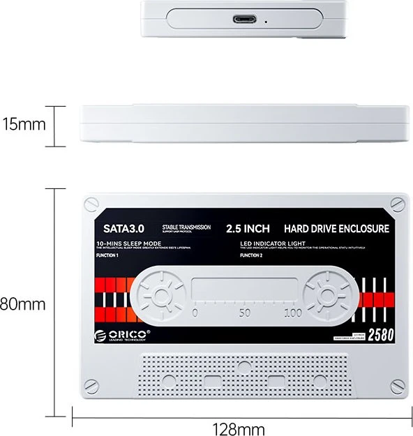 Orico Tape Style HDD Enclosure, Retro-Band, weiß, 2.5", USB-C 3.0