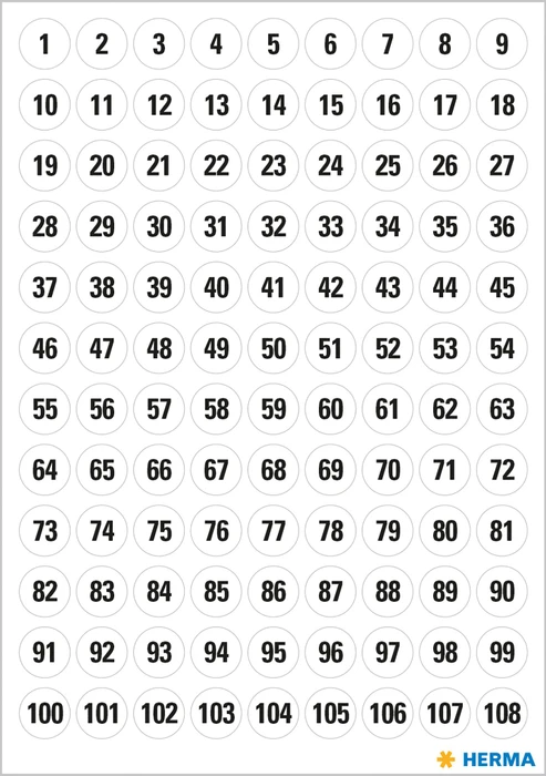 Herma Zahlenetiketten 1-540 rund, 8mm, schwarz/weiß, 5 Blatt (540 Etiketten)