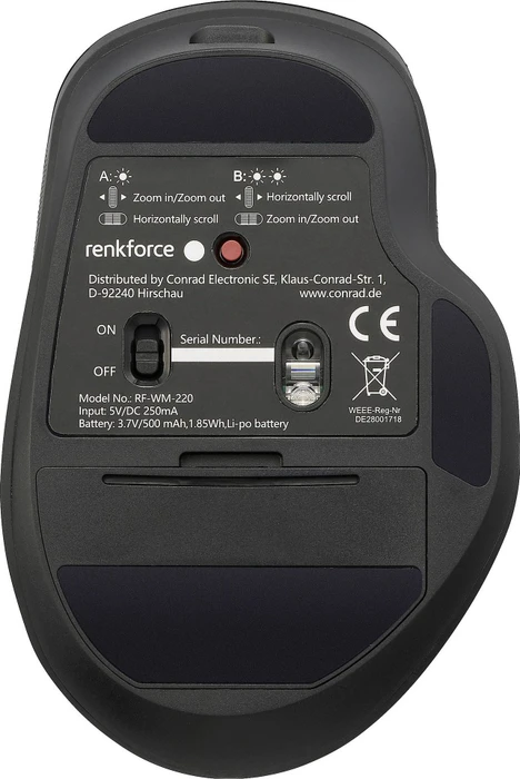 Renkforce RF-WM-220 Wireless Ergonomic Mouse mit zwei Scrollrädern schwarz, USB/Bluetooth