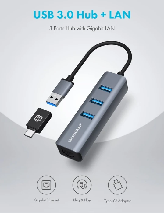 Graugear G-HUB31L-A, LAN-Adapter, USB-Hub, RJ-45, USB-A 3.0 [Stecker]