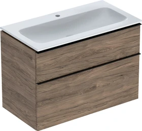 Geberit iCon Set Möbelwaschtisch/Unterschrank 90cm weiß/KeraTect, Korpus: Nussbaum hickory/Melamin Holzstruktur, Griff: lava/pulverbeschichtet matt