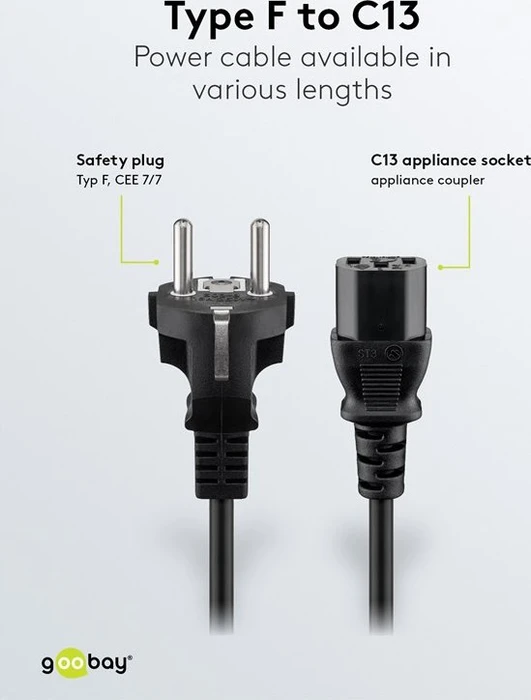 Wentronic Goobay Kaltgeräte Netzkabel, Schutzkontakt auf Kaltgerätestecker C13, schwarz, 1.5m