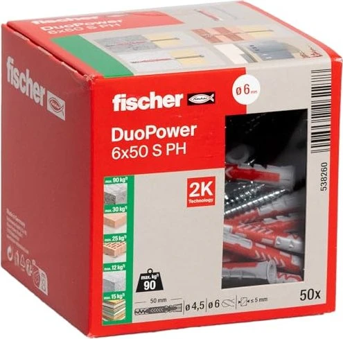 fischer DuoPower 6x50 S PH Schrauben/Dübel-Sortiment, 50 Stück