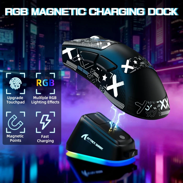 Attack Shark V3 PRO Tri-mode Wireless Gaming Mouse mit Ladestation, schwarz, inkl. Grip Tape, USB/Bluetooth