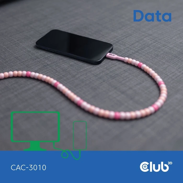 Club 3D USB-C Perlenkabel, 480Mb/s, 60W PD, USB-C 2.0 Stecker auf USB-C 2.0 Stecker, 2m, rosa