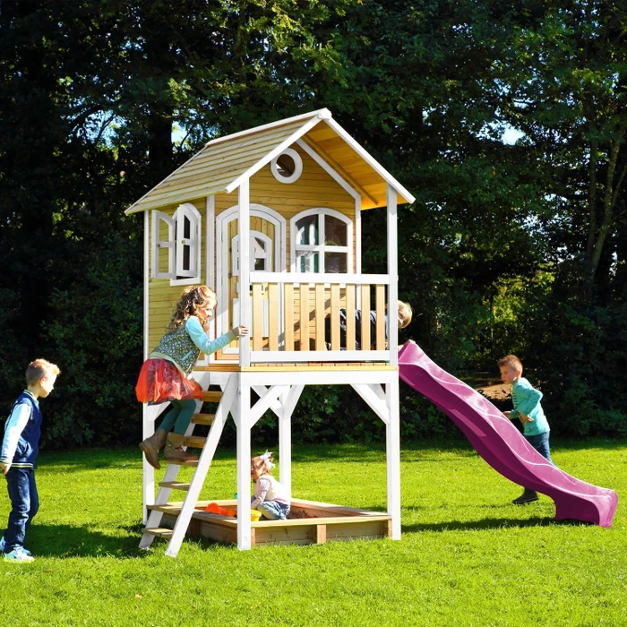 Axi Spielhaus Sarah braun/weiß mit Rutsche lila