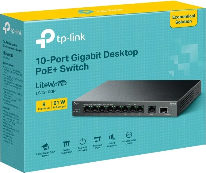 TP-Link LS100 LiteWave Desktop Gigabit Switch, 9x RJ-45, 1x SFP, 61W PoE+