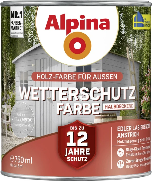 Alpina Farben Wetterschutz-Farbe halbdeckend Außen Holzschutzmittel, 750ml