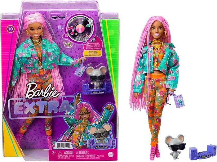 Mattel Barbie - Extra mit pinken Flechtzöpfen in Floral bedruckter Jacke DJ Haustier-Maus