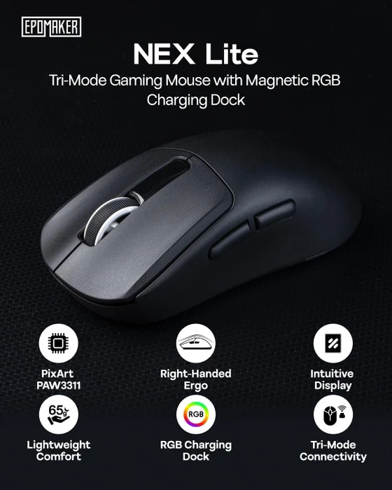 Epomaker Nex Lite Wireless Gaming Mouse mit Ladestation, schwarz, USB/Bluetooth