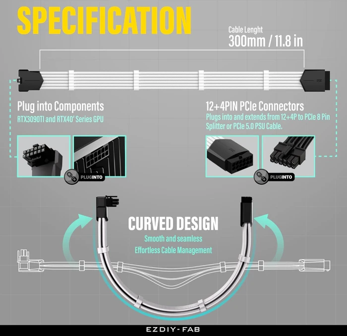 EZDIY-FAB 12VHPWR Kabel, 16-Pin PCIe Verlängerungskabel, 16-Pin PCIe 5.0 12VHPWR Buchse auf 16-Pin PCIe 5.0 12VHPWR Stecker, Variante Standard, Sense-Pins an der Unterseite, 16AWG, weiß/schwarz, 90° gewinkelt