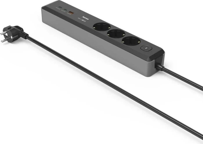 Hama Steckdosenleiste mit Schalter, 3-fach, 1x USB-A/2x USB-C 65W USB-PD, 1.4m, schwarz/grau